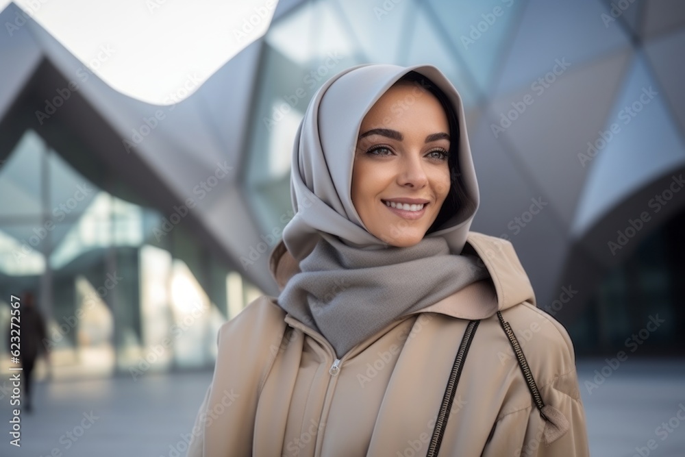 Portrait of beautiful muslim woman in hijab smiling at camera outdoors Portrait of beautiful muslim woman in hijab smiling at camera outdoors