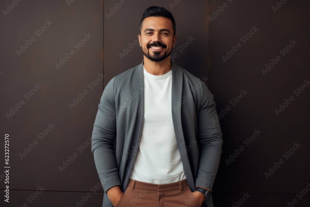 Fototapeta premium Handsome young man smiling and looking at camera while standing against brown wall
