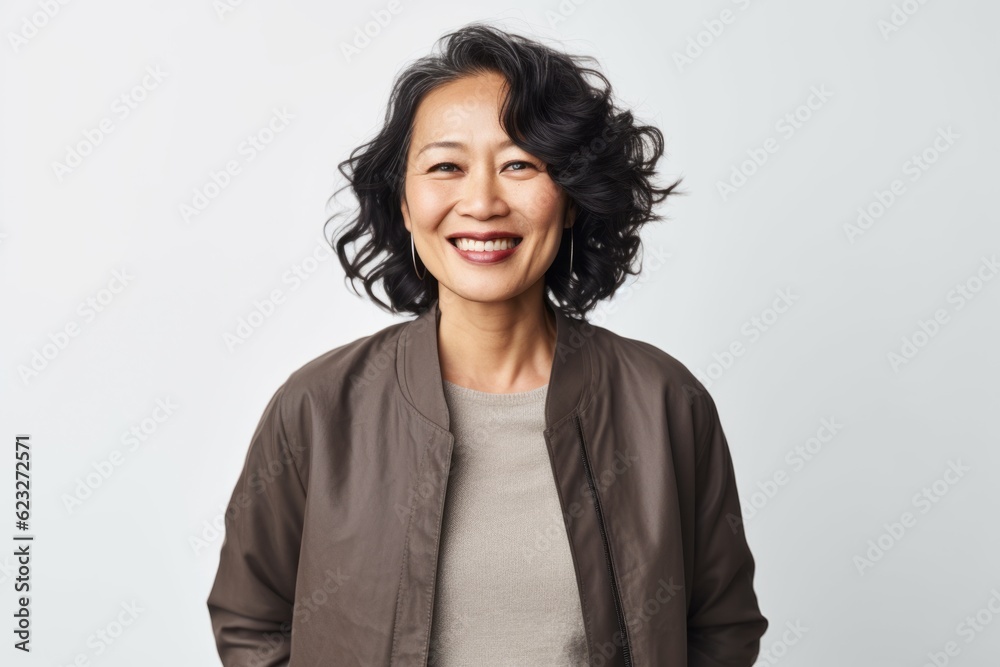 Portrait of smiling middle-aged Asian woman looking at camera over white background Portrait of smiling middle-aged Asian woman looking at camera over white background