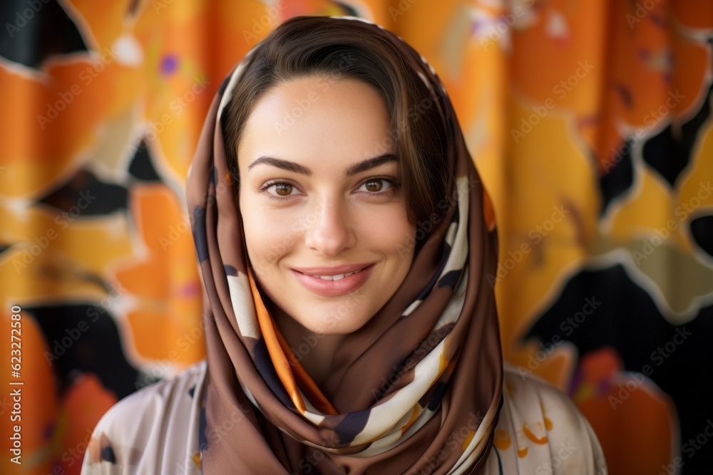 Portrait of a beautiful young muslim woman with brown hair wearing a headscarf