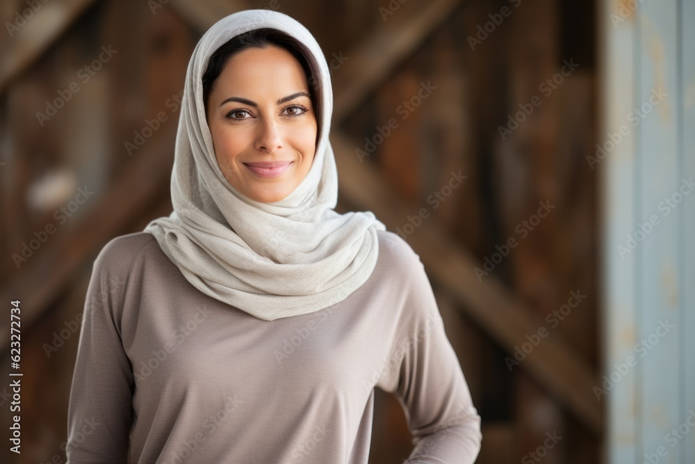 Portrait of a beautiful muslim woman in hijab smiling at camera