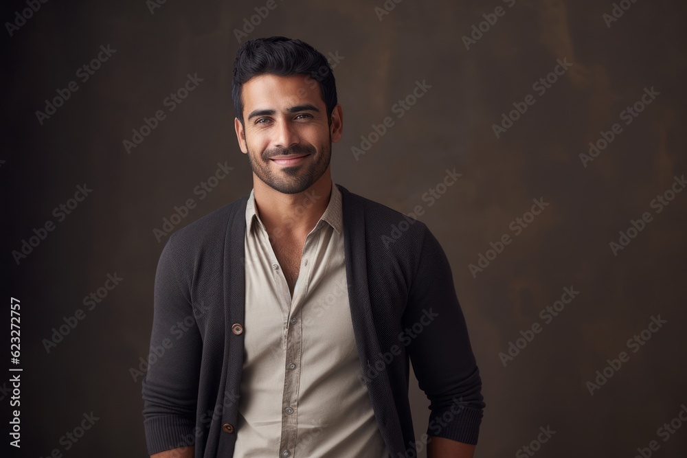 Portrait of a handsome young man smiling at camera on dark background