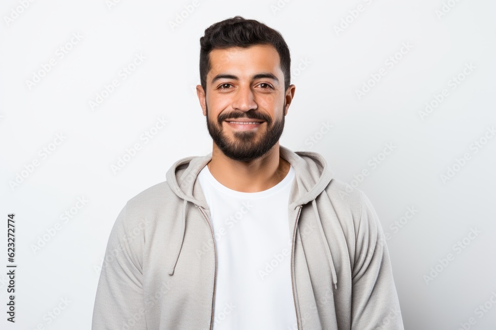 Young handsome Indian man in a gray sweatshirt on a white background Young handsome Indian man in a gray sweatshirt on a white background