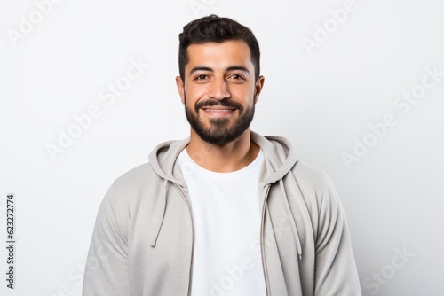 Young handsome Indian man in a gray sweatshirt on a white background