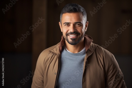 Handsome man in brown jacket looking at camera and smiling.