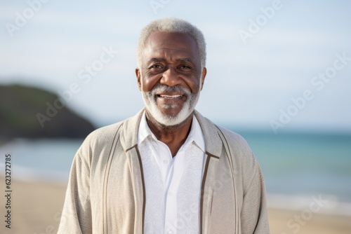 Portrait of smiling senior man standing on beach in front of ocean