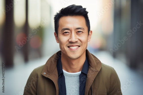 portrait of smiling asian man in the city at summer day
