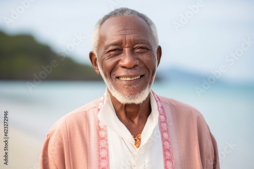 Portrait of smiling senior man standing on beach at Seychelles