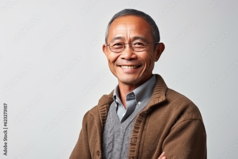 Portrait of a happy senior asian man in casual clothes and eyeglasses