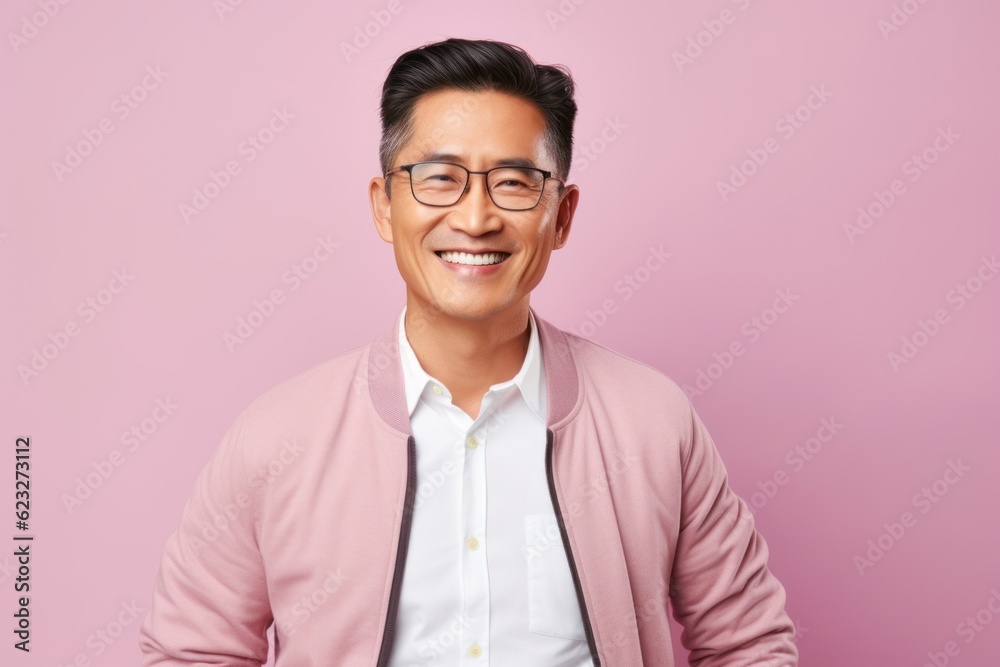 Portrait of a smiling asian man in glasses against pink background Portrait of a smiling asian man in glasses against pink background
