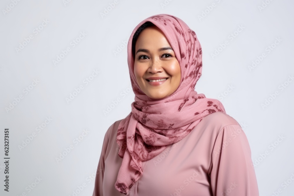 Hijab woman with pink hijab smiling at the camera on white background Hijab woman with pink hijab smiling at the camera on white background