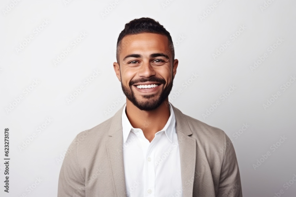 Portrait of handsome young man smiling and looking at camera while standing against grey background Portrait of handsome young man smiling and looking at camera while standing against grey background