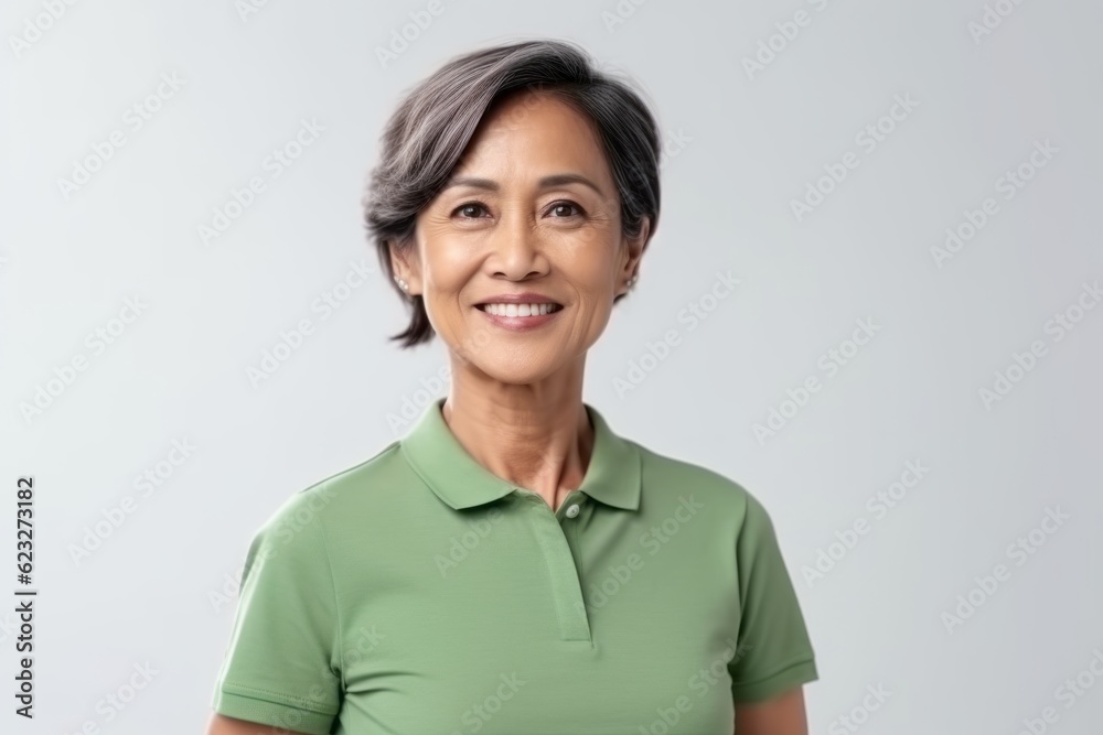 Portrait of smiling mature Asian woman in green t-shirt. Portrait of smiling mature Asian woman in green t-shirt.