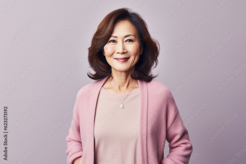 portrait of smiling middle aged asian woman, isolated on grey background portrait of smiling middle aged asian woman, isolated on grey background