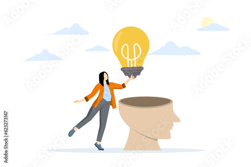 creativity idea concept, Business idea, mentor giving advice, solution to solve business problem or helping share businesswoman giving light bulb idea to others. flat vector illustration.