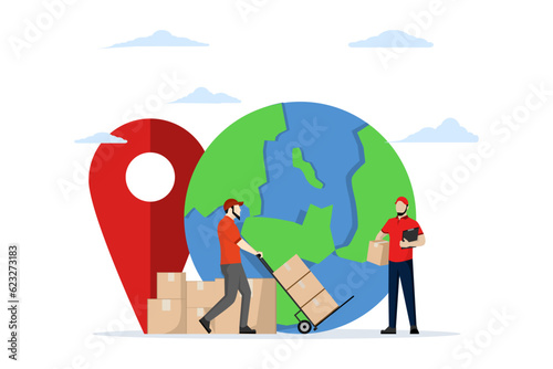 Global logistics service concept, world import and export transport, good shipping and delivery, logistics delivery worker carrying packages on the way for delivery with big earth.