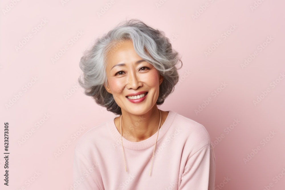 Portrait of smiling senior asian woman with grey hair, isolated on pink background Portrait of smiling senior asian woman with grey hair, isolated on pink background
