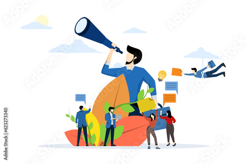 Vision business concept. Looking ahead. Successful businessman looks at telescope, sees future. Vector design. Isolated on background. Binoculars in hand. Search solution. People who look ahead.