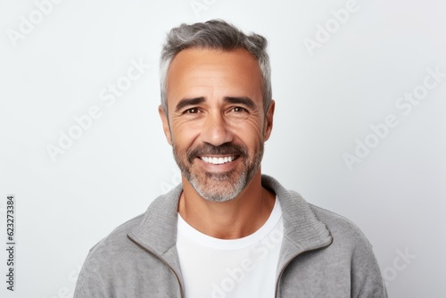 Portrait of handsome mature man looking at camera and smiling while standing against white background