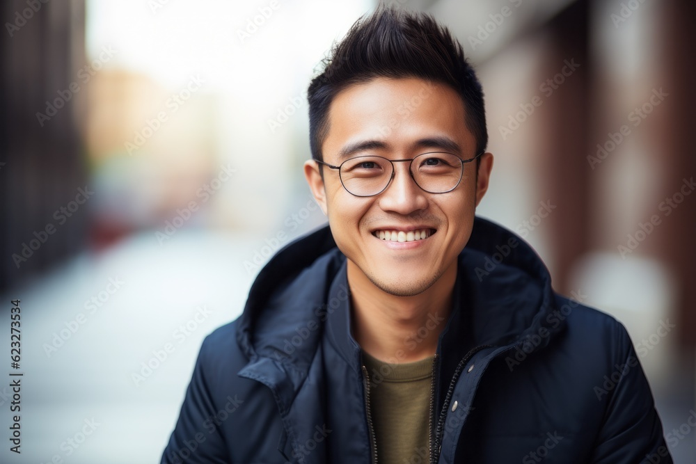 portrait of smiling asian man wearing eyeglasses in city portrait of smiling asian man wearing eyeglasses in city
