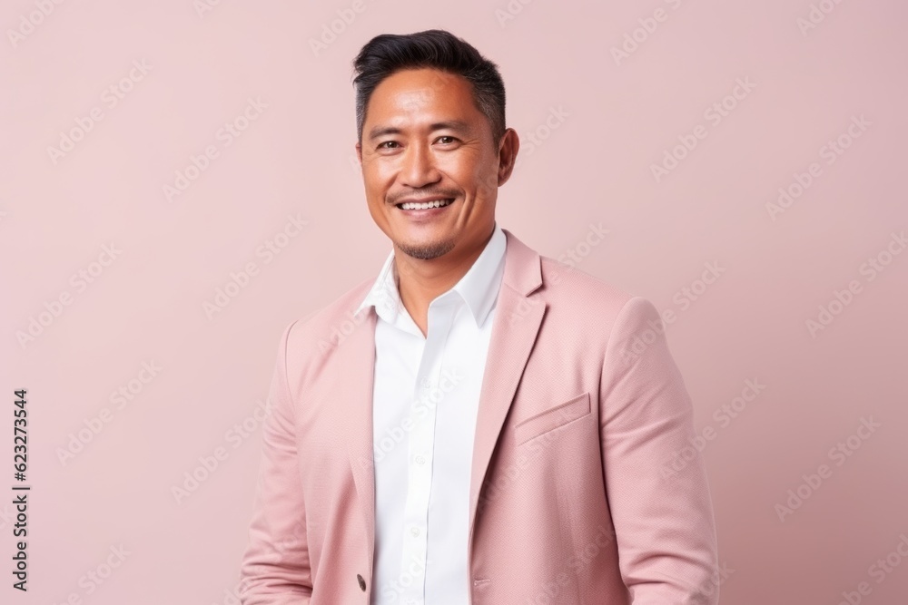 Portrait of a happy young asian man in pink suit on pink background Portrait of a happy young asian man in pink suit on pink background