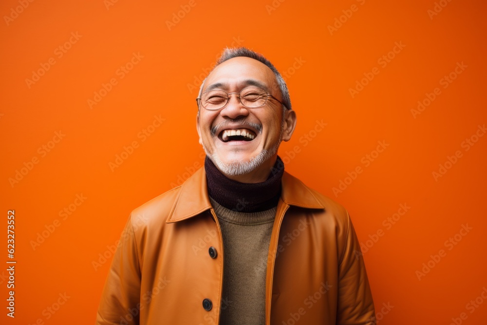 Portrait of a cheerful asian senior man laughing at camera while standing against orange background