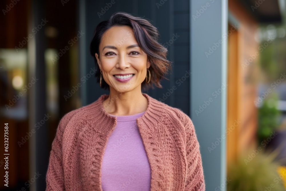 Portrait of smiling woman standing by door in the street at home