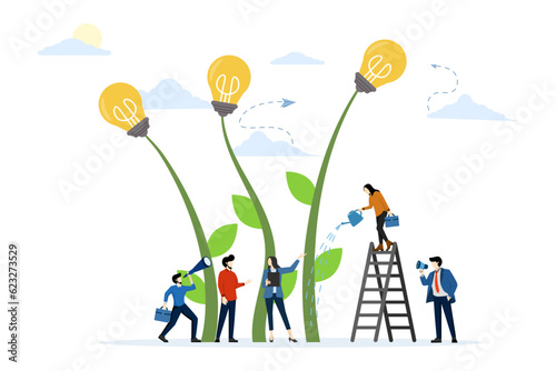 business analysis concept. people growing potted plants, a metaphor for a creative idea. graphic design idea of project activity, flat vector illustration on white background.