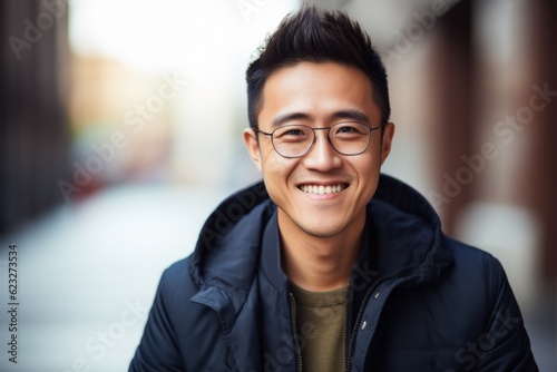 portrait of smiling asian man wearing eyeglasses in city