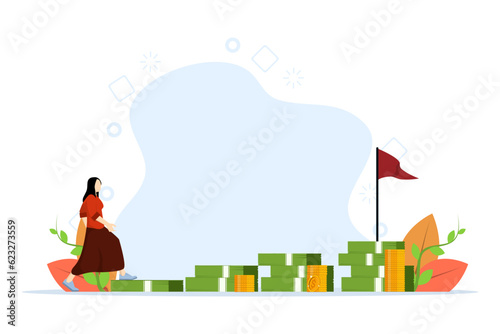 concept of personal investment and retirement savings. Earnings, Business woman climbing ladder from pile of coins to her financial goals. flat vector illustration on a white background.
