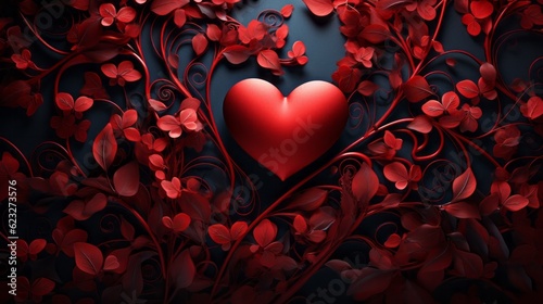 Valentine's day red hearts on black background with copy space - Love and red flowers - Dark background photo