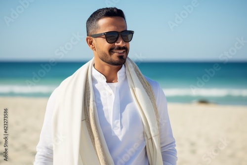 Portrait of a handsome man wearing sunglasses and a white jacket on the beach
