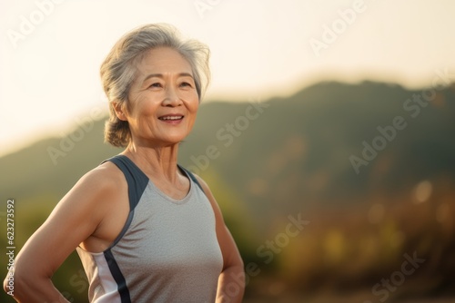 senior asian woman jogging in the morning at mountain peak