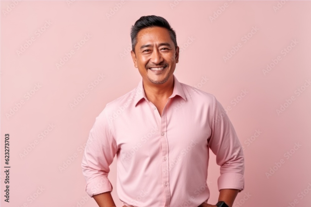 Portrait of a smiling asian man in pink shirt on pink background Portrait of a smiling asian man in pink shirt on pink background