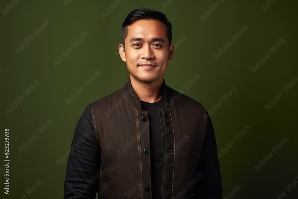 Obraz premium Portrait of a smiling young asian man in black jacket against green background