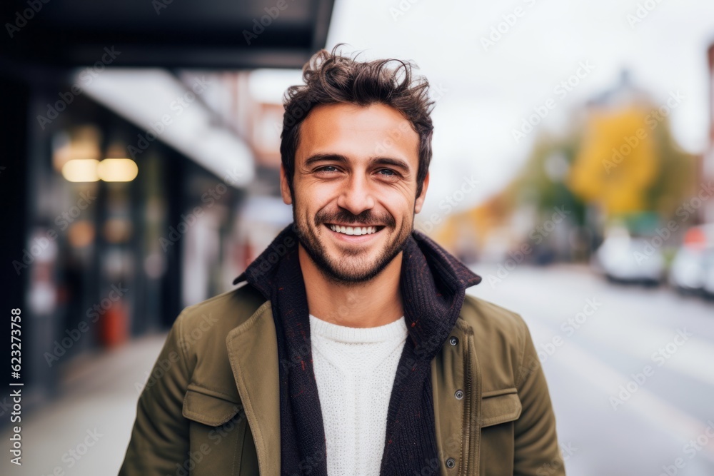 Close up portrait of a handsome young man smiling in the street.