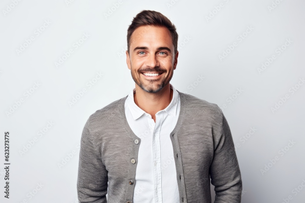 Portrait of a handsome young man smiling and looking at camera over white background Portrait of a handsome young man smiling and looking at camera over white background