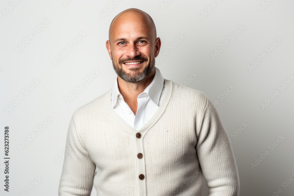 Portrait of a handsome bald man in a white sweater on a white background Portrait of a handsome bald man in a white sweater on a white background