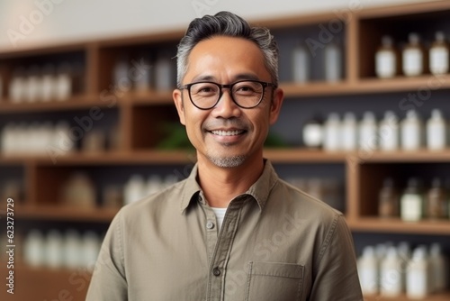 smiling asian senior man with eyeglasses at barbershop