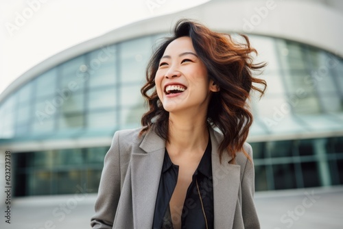 Portrait of a beautiful young asian business woman laughing outdoors.