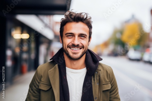 Close up portrait of a handsome young man smiling in the street. © Robert MEYNER