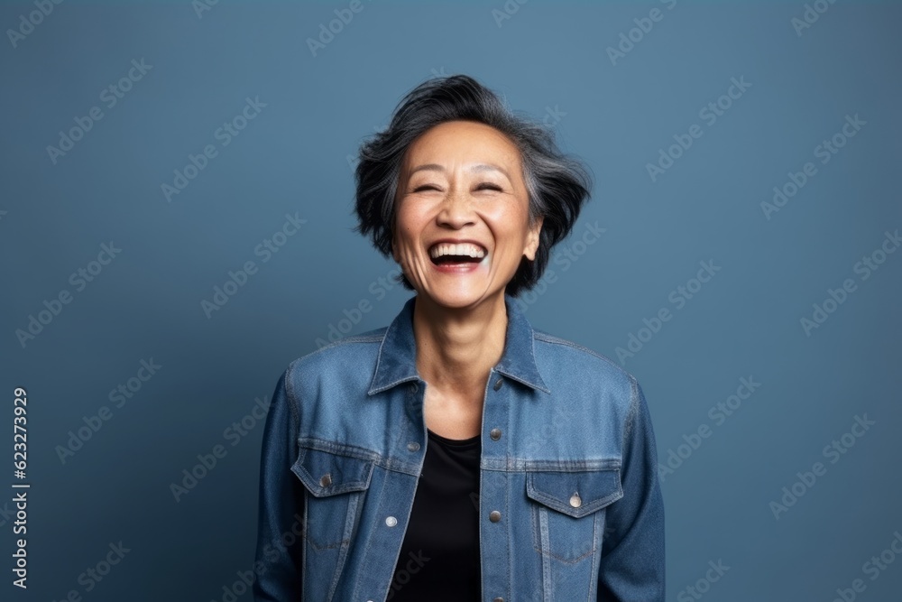 Medium shot portrait photography of a pleased Indonesian woman in her 50s wearing a denim jacket against an abstract background Medium shot portrait photography of a pleased Indonesian woman in her 50s wearing a denim jacket against an abstract background
