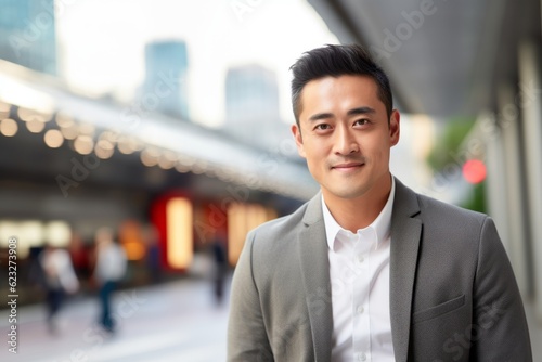 Portrait of a young businessman standing in the city, looking at camera