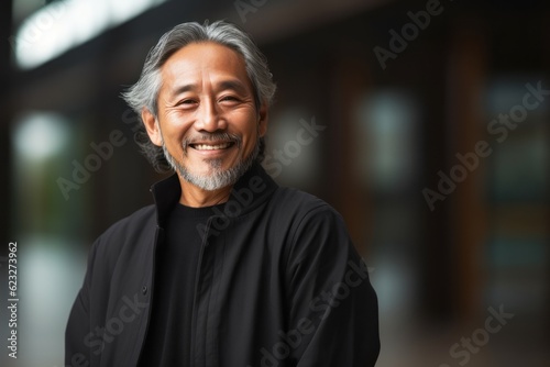 Medium shot portrait photography of a happy Indonesian man in his 50s wearing a chic cardigan against an abstract background 