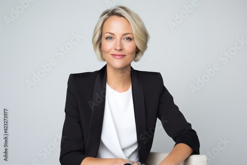 Lifestyle portrait photography of a pleased Russian woman in her 40s wearing a sleek suit against a white background 