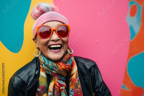 Portrait of happy senior woman in sunglasses and headscarf smiling against colorful background