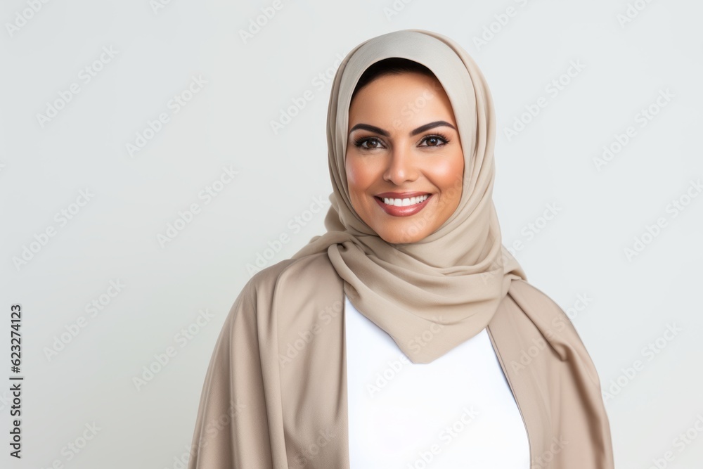 Portrait of beautiful young muslim woman wearing hijab smiling at camera