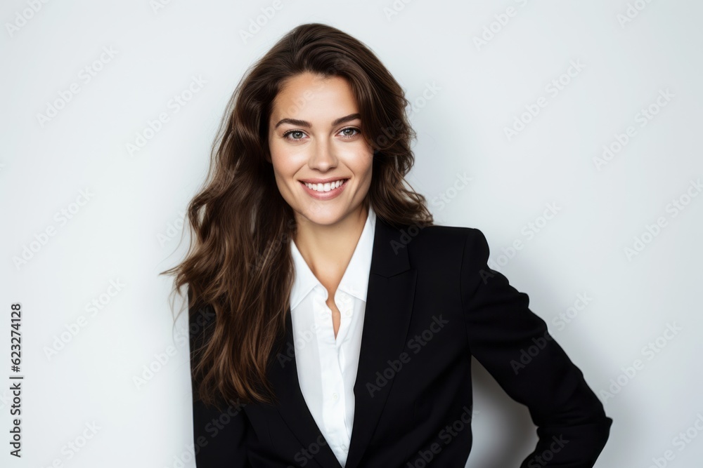 Portrait of happy businesswoman in black suit smiling at camera. Portrait of happy businesswoman in black suit smiling at camera.