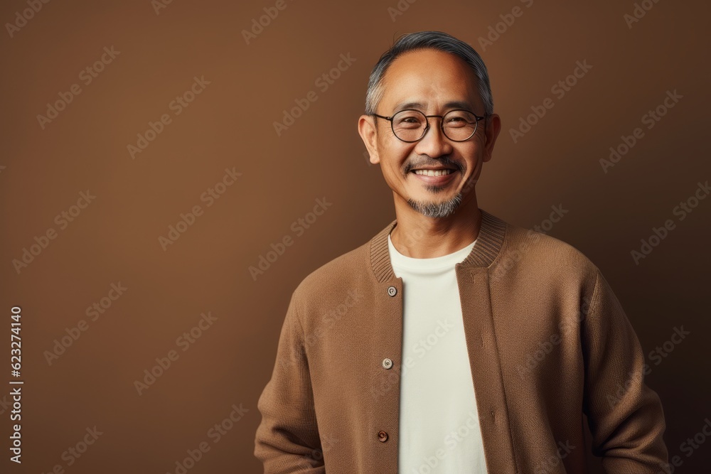 Portrait of a smiling asian man wearing eyeglasses on brown background Portrait of a smiling asian man wearing eyeglasses on brown background