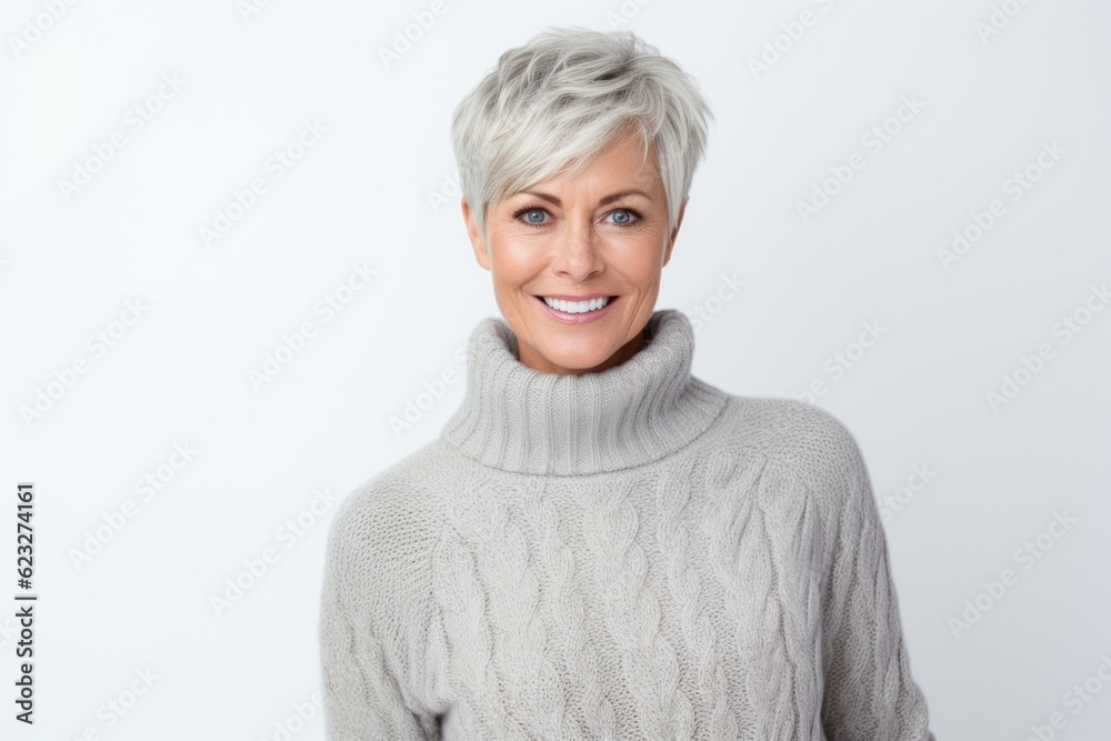 Portrait of smiling mature woman in sweater isolated on a white background Portrait of smiling mature woman in sweater isolated on a white background